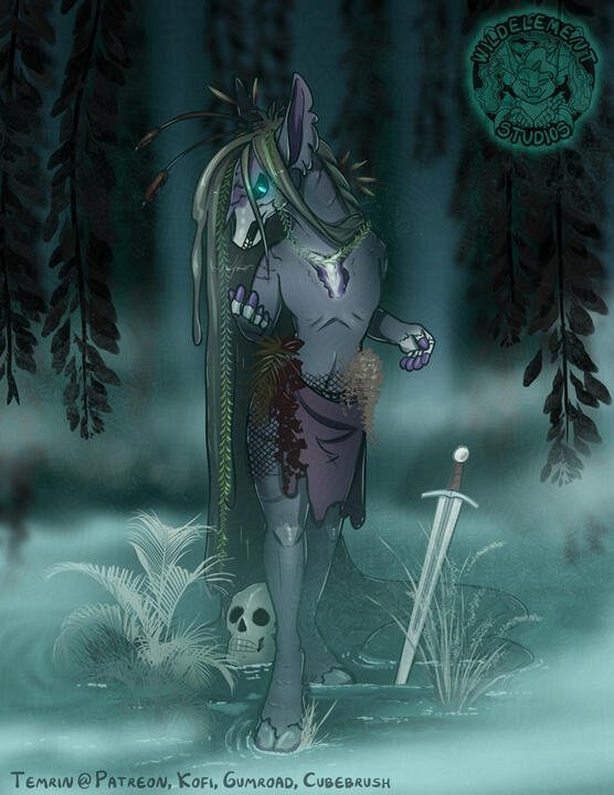 digital artwork of an anthropomorphic Kelpie, standing in a misty and dark swamp, looking around themself at the remnants of a skeleton in the waters, and a sword. Their hair is long like seaweed, with various swamp plants sticking from it, and have a mix